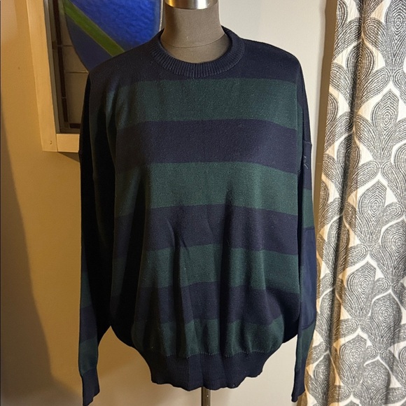 Blue Drake Green & Navy Striped Wool Blend Crew Neck Sweater SZ Large - Picture 1 of 9